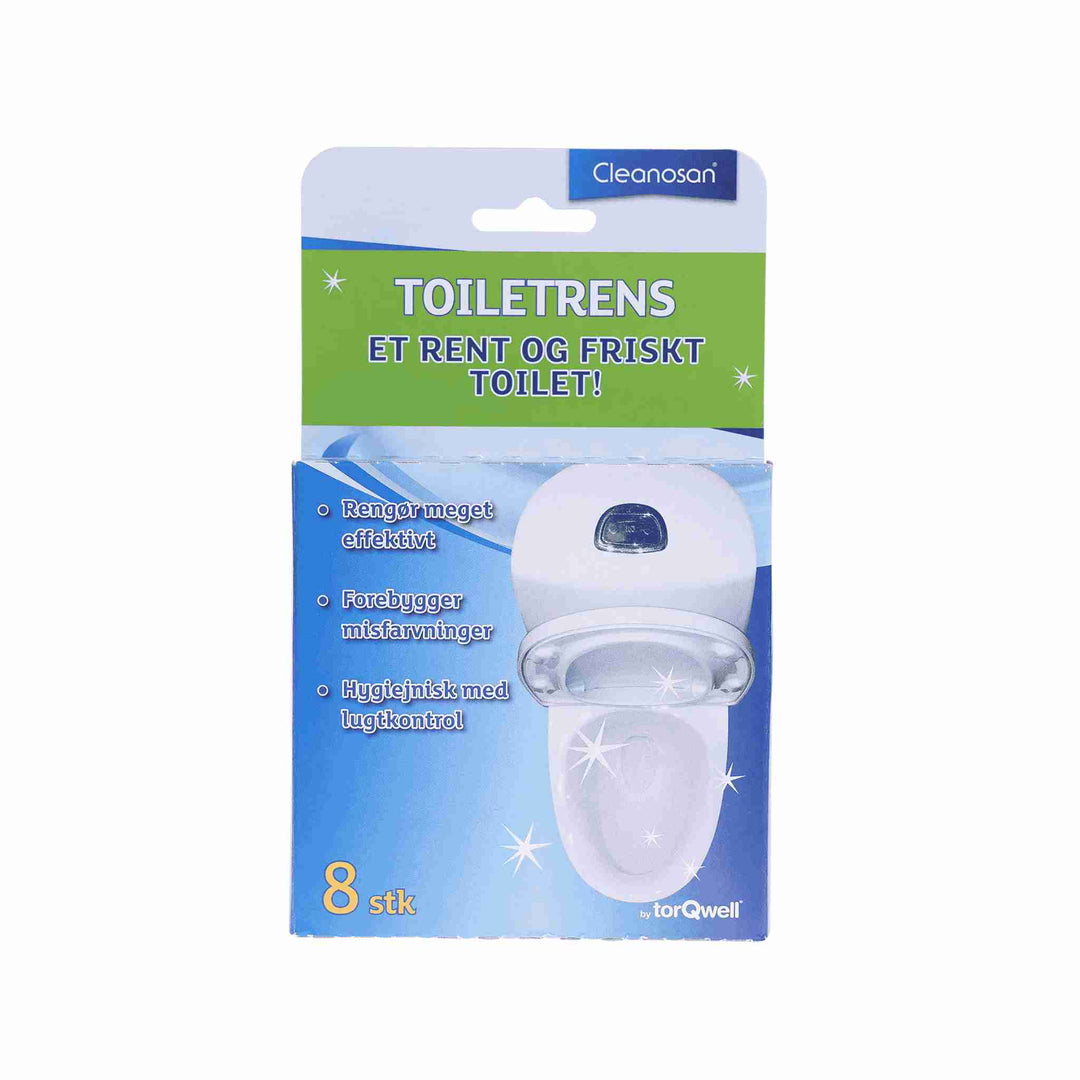 Cleanosan afkalkningstabs 8 stk. Fjerner misfarvninger og lugt. Desinficerer og afkalker effektivt. Anbefales månedligt for et rent toilet.