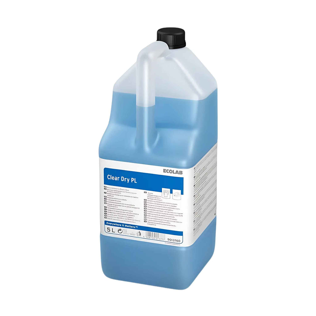 2×5 kg Ecolab Clear Dry PL NR afspændingsmiddel til plastikopvask, skumdæmpet for pletfrie resultater.