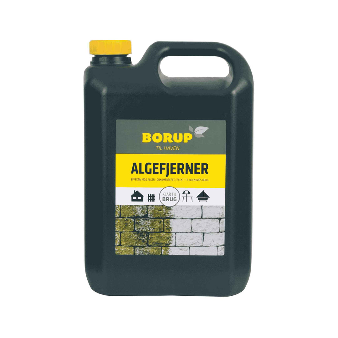 Borup algefjerner 5 liter. Klar til brug. Effektiv mod alger på tegl, beton, træ og fliser. Rækker til 10-20 m² afhængigt af påføring.
