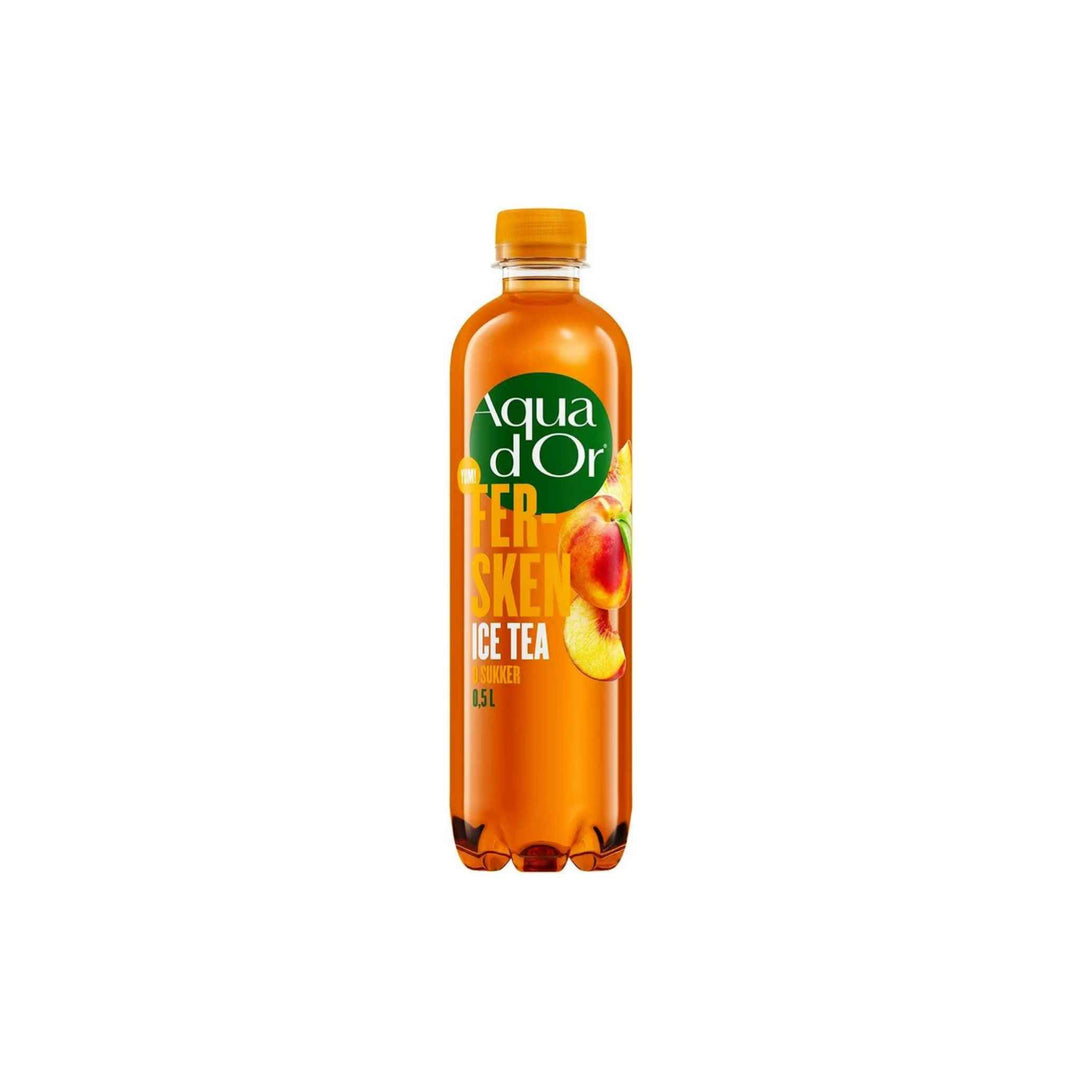 Aqua Dor Ice Tea fersken 0,5 l flaske, 12 stk pakke – sukkerfri sort te med mild og frugtig ferskensmag.