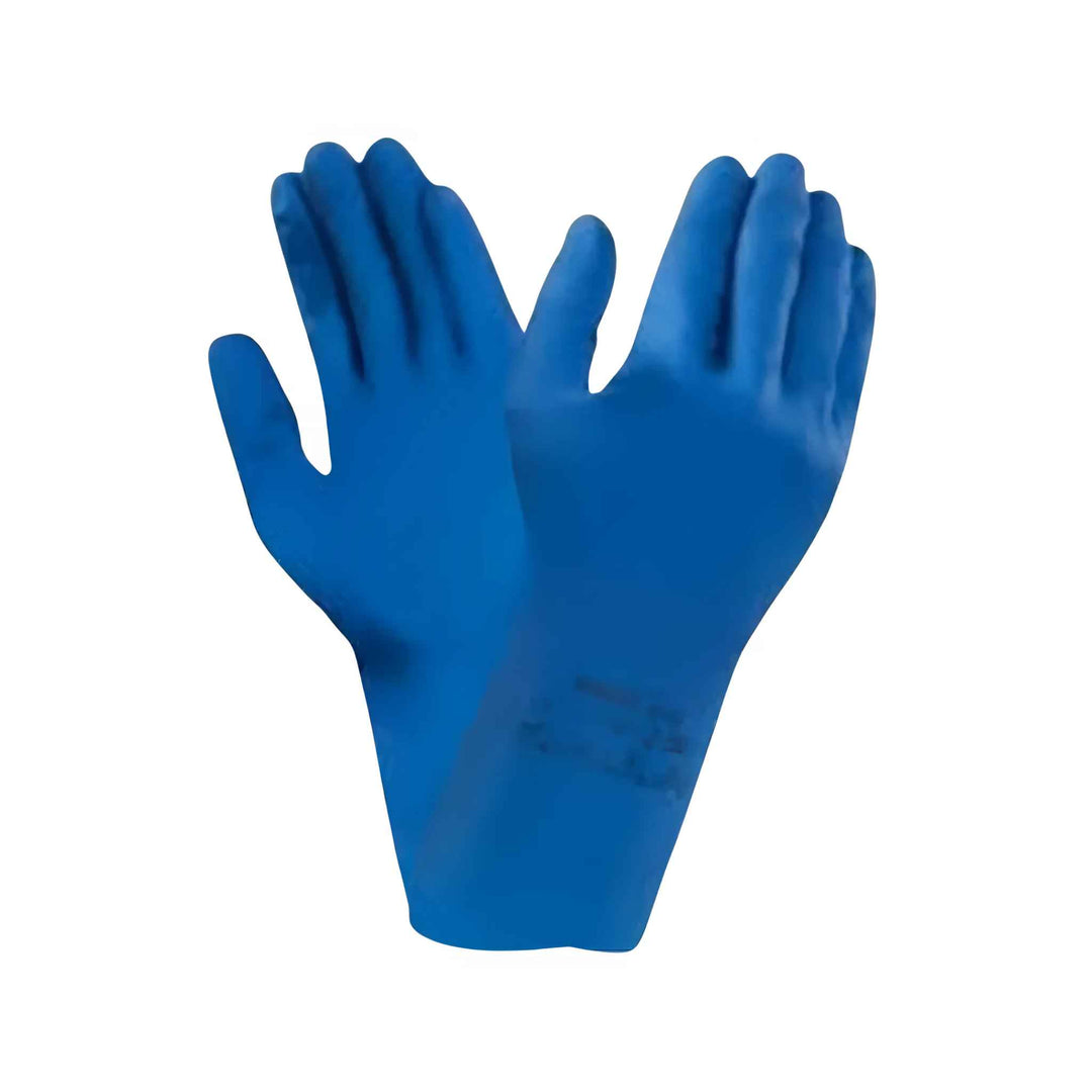 Blå gummihandsker str. L med slidstærkt latex og blødt bomuldsfoer, ideel til rengøring og fødevarehåndtering.