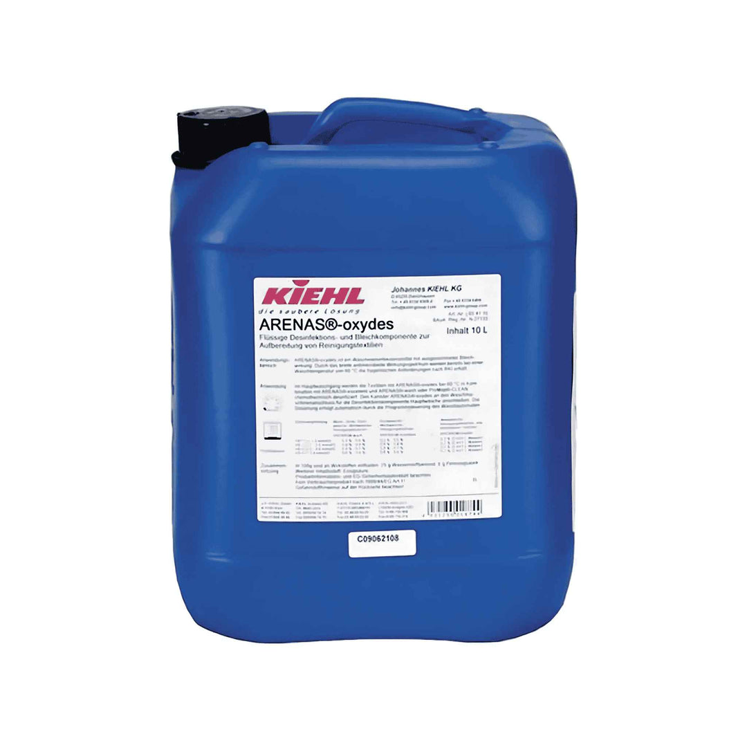 Kiehl Arenas-oxydes blegemiddel 20 liter. Desinficerende og iltbaseret blegemiddel. Effektiv ved 60°C. Velegnet til hospitaler og institutioner. Overholder EN 14476 og EN 16616.