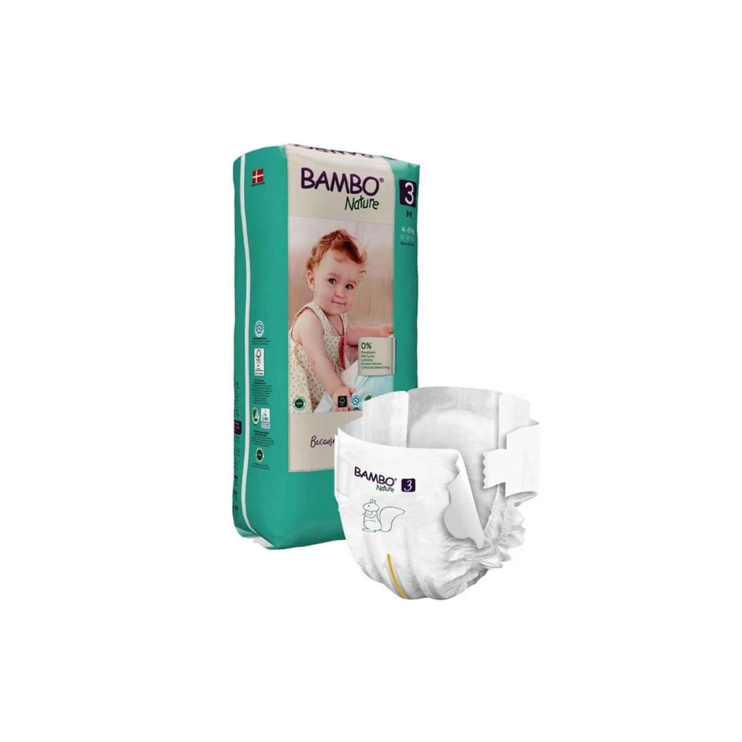 Børnebleer Bambo Nature Eco str. 3, 4-8 kg, 3x52 stk. Svanemærket, bløde og lækagesikre bleer med høj komfort og stærk absorption.