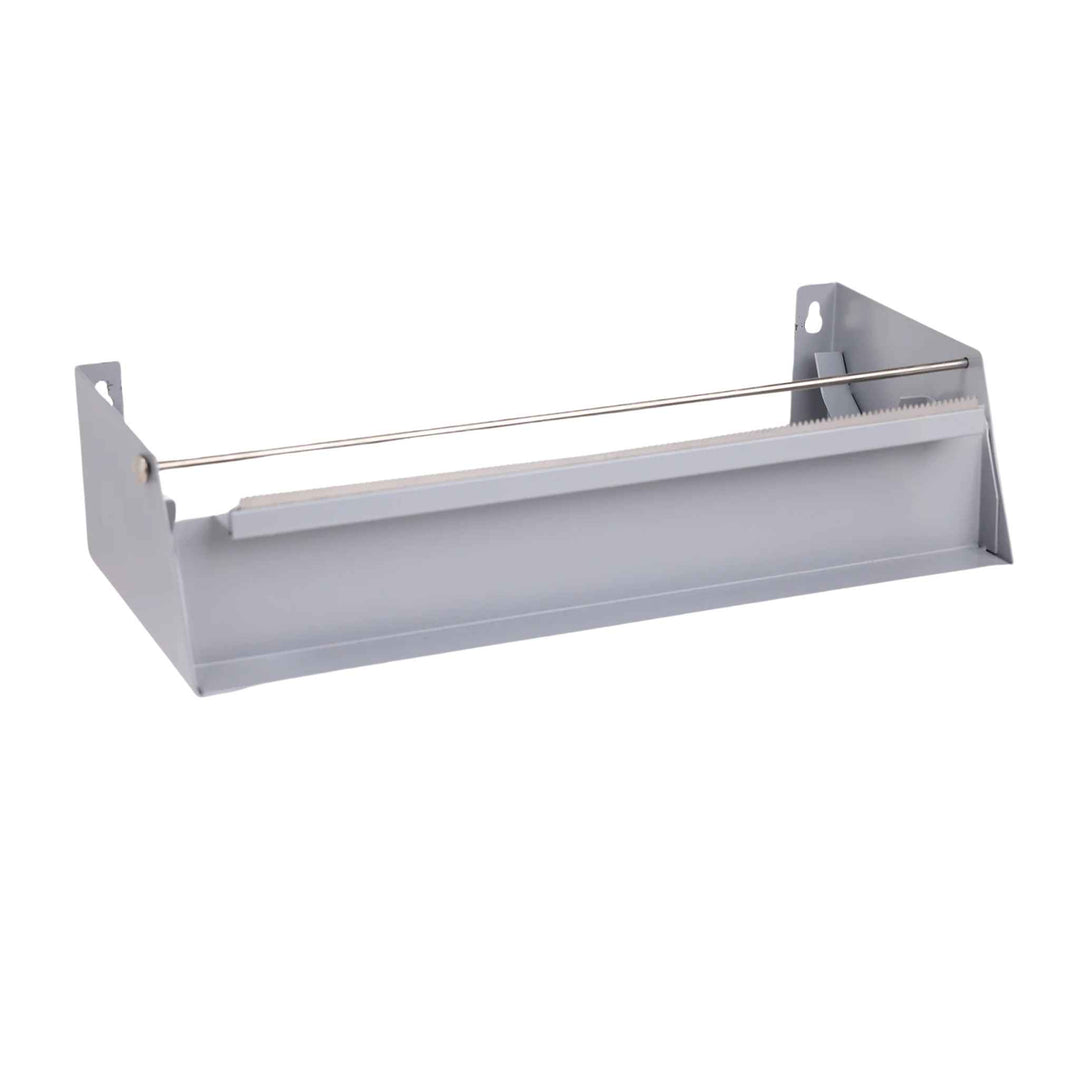 Dispenser til 30 cm staniol og husholdningsfilm med savtakker, robust design, nem afrivning, bord‑ eller væghængt.