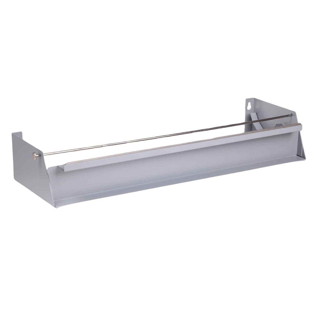 Dispenser til 45 cm staniol og husholdningsfilm med savtakker, robust design, nem afrivning, bord- eller væghængt.