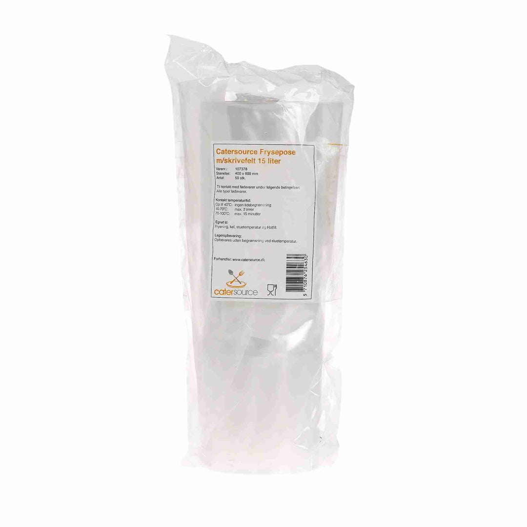 Fryseposer Catersource, 40x60 cm, 15 liter, klare med skrivefelt, LDPE-materiale, robuste og velegnede til fryseopbevaring af fødevarer.