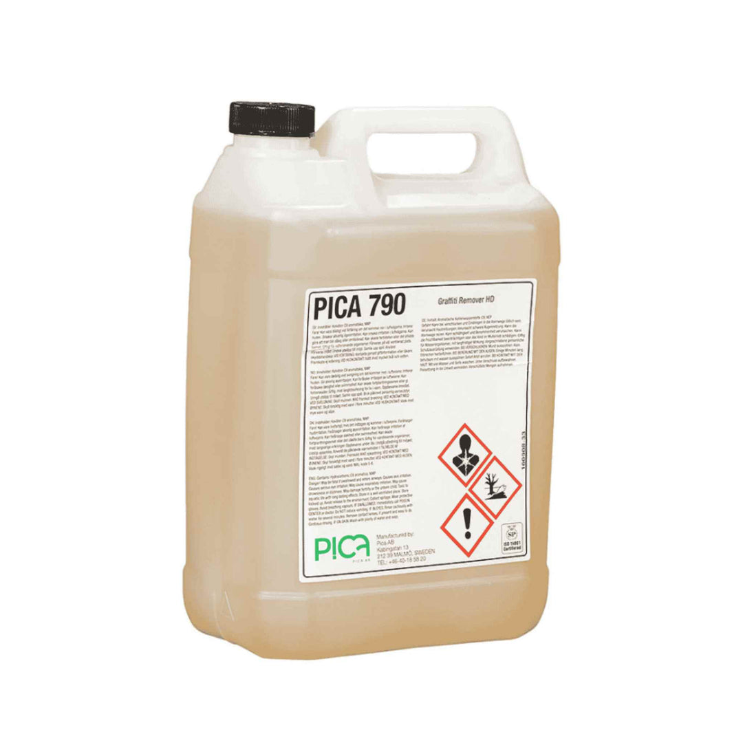 Pica 790 stærk graffitifjerner 5 liter. Tyktflydende for længere kontakttid. Velegnet til hårde og malede overflader. Ikke til plast eller gummi.