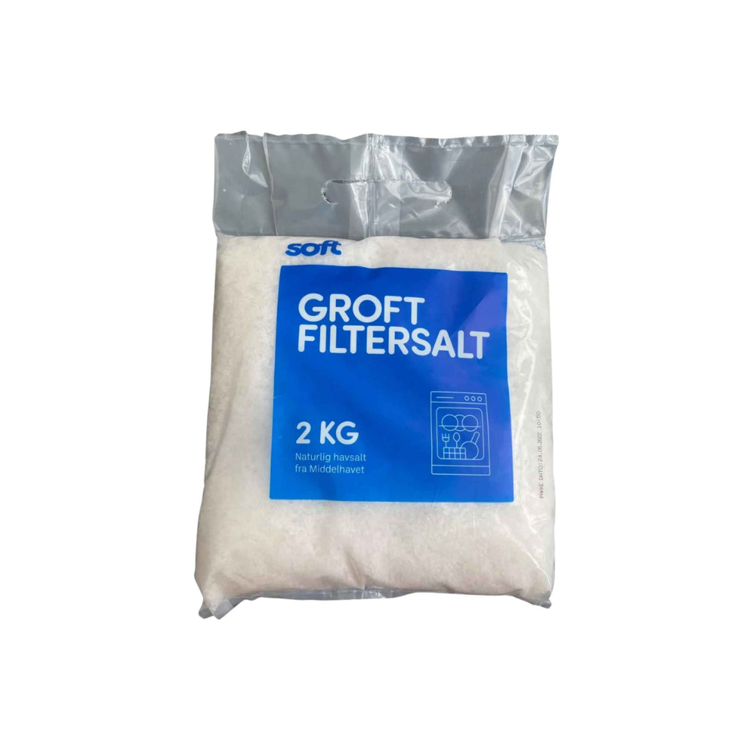 Groft filtersalt til opvaskemaskiner, 2 kg. Beskytter mod kalkaflejringer og forlænger maskinens levetid.