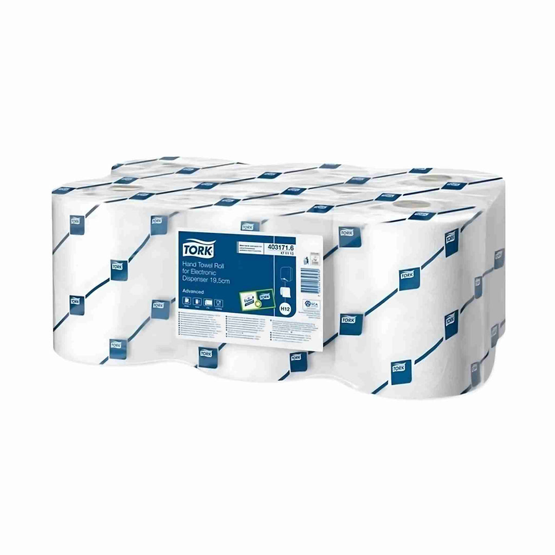 Håndaftørringsruller Tork H12 Advanced, 143 m. Blødt, absorberende 2-lags papir. Mærket med EU-Blomsten og præget med lotusblomst.