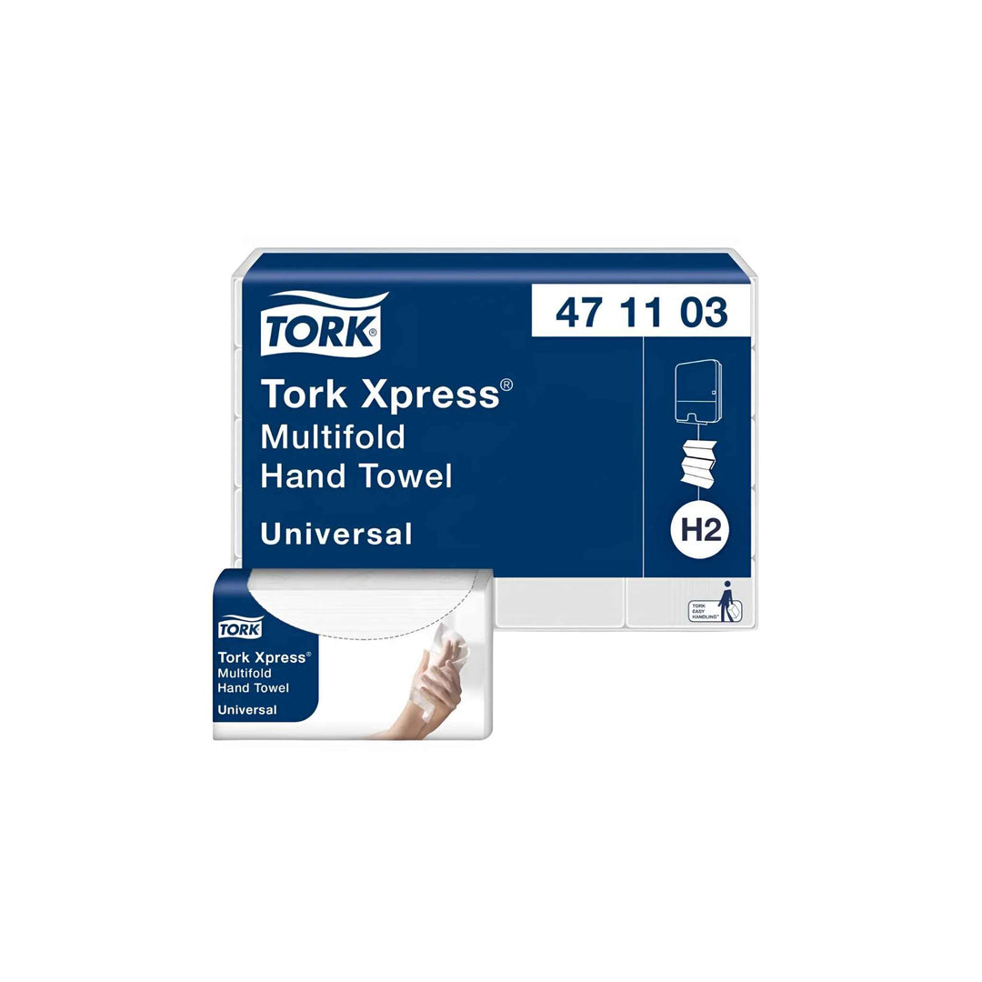 Tork H2 Universal 2-lags håndklædeark, 3800 stk. Bløde og effektive håndklædeark til hygiejnisk håndaftørring. Passer til Tork H2 dispensere. Leveres i 20 pakker med 190 ark pr. pakke.