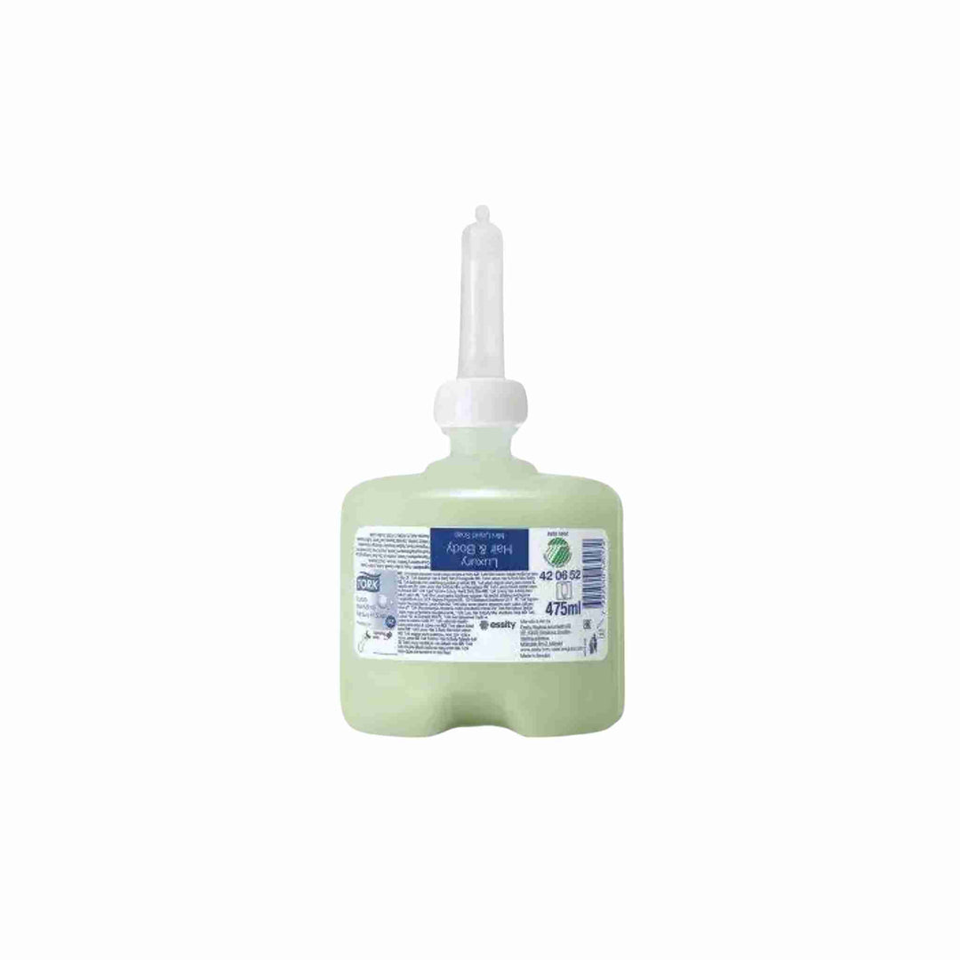 Hair & Body-sæbe Tork S2 Luxury, 475 ml. x 8 stk. Blomsterduft, Pro-vitamin B5, citrongræs og grøn te, Svanemærket og fugtgivende.