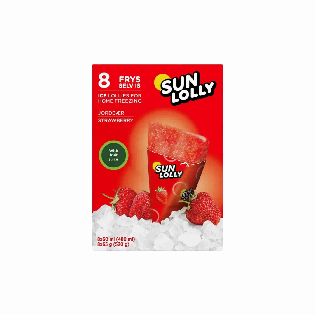 Is Sun Lolly Jordbær, 8 stk. Fryselolly med frisk og sød jordbærsmag. Uden kunstige tilsætningsstoffer. Naturlig og lækker is – perfekt til både børn og voksne på varme dage.