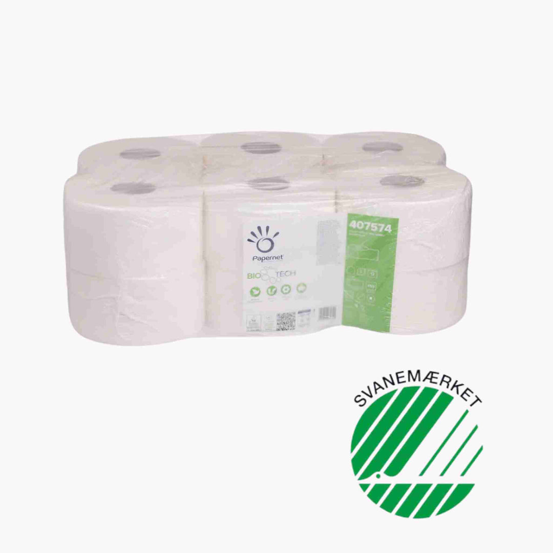 Jumbo toiletpapir – blødt, hurtigt opløseligt og med Biotech-teknologi, der reducerer tilstopning og bakterier i afløb.