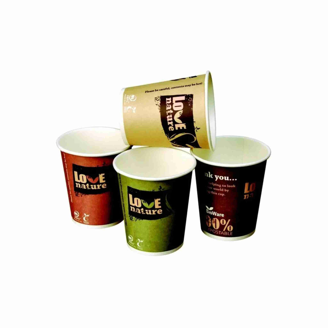 Bionedbrydeligt kaffebæger 25 cl i assorterede farver med Love Nature-tryk, velegnet til varme drikke