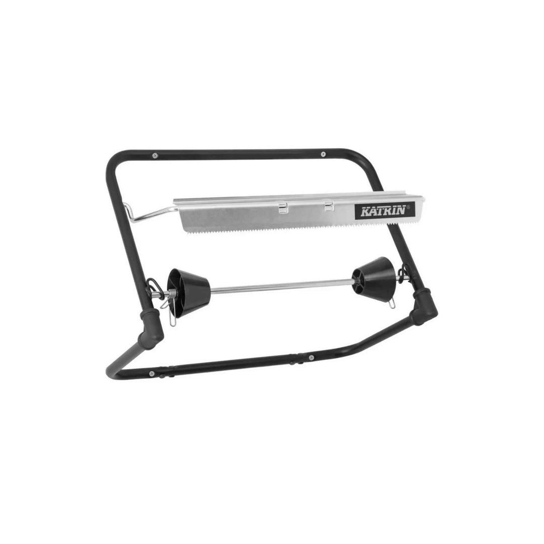 Sort Katrin Black Line vægstativ til aftørringsruller, vægmonteret, robust og pladsbesparende design til værksted, fitness og industrikøkken.