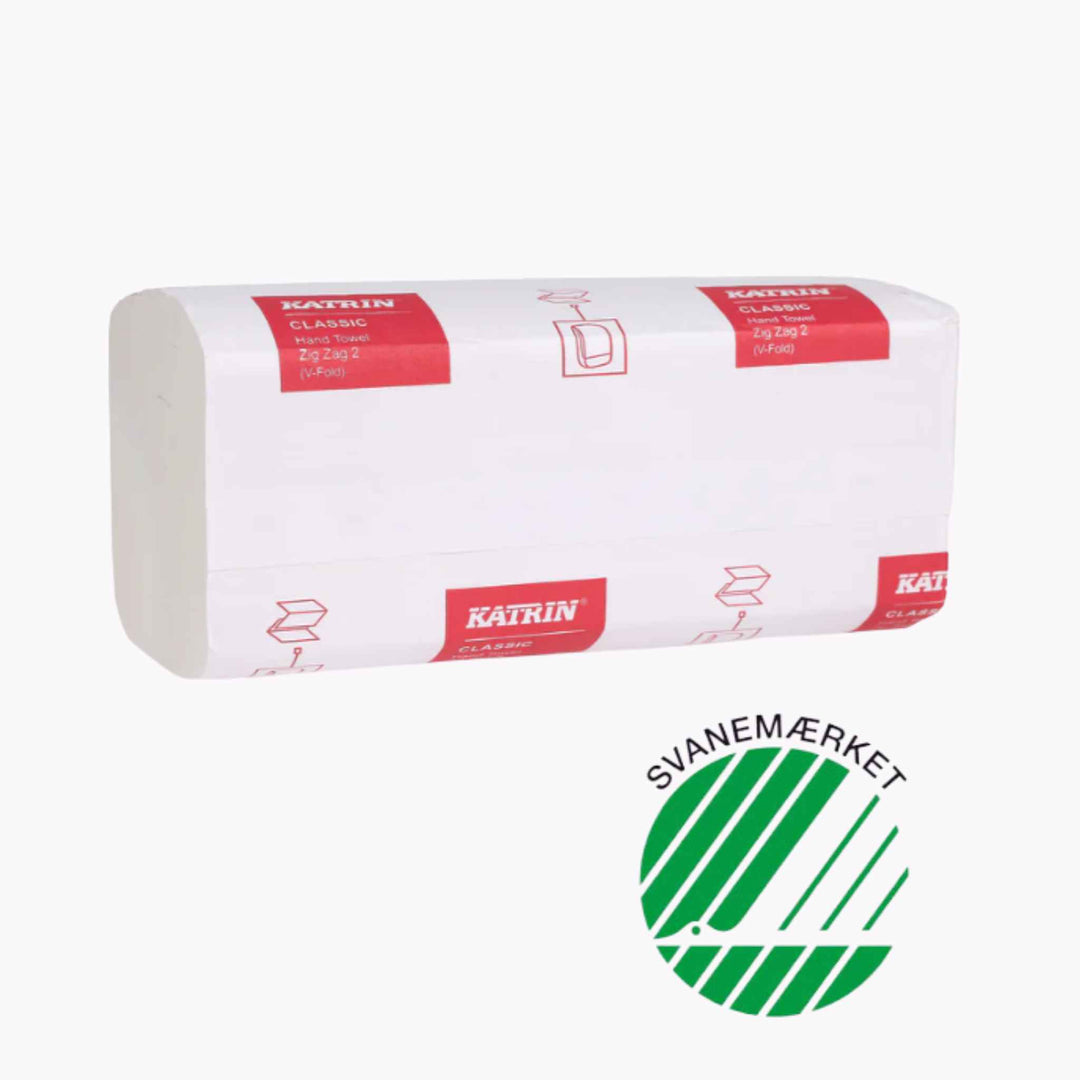 Katrin Classic Zig Zag 2 håndklædeark giver effektiv aftørring med zig-zag foldning, høj sugeevne og reduceret papirforbrug.