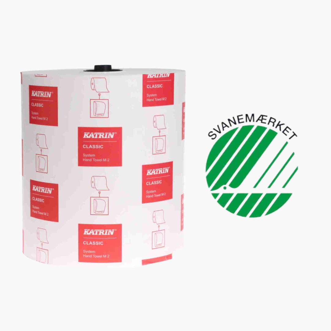 Katrin M2 46010 håndklæderuller – høj sugeevne, én gang brug pr. ark og Svanemærket for effektiv og hygiejnisk håndaftørring.