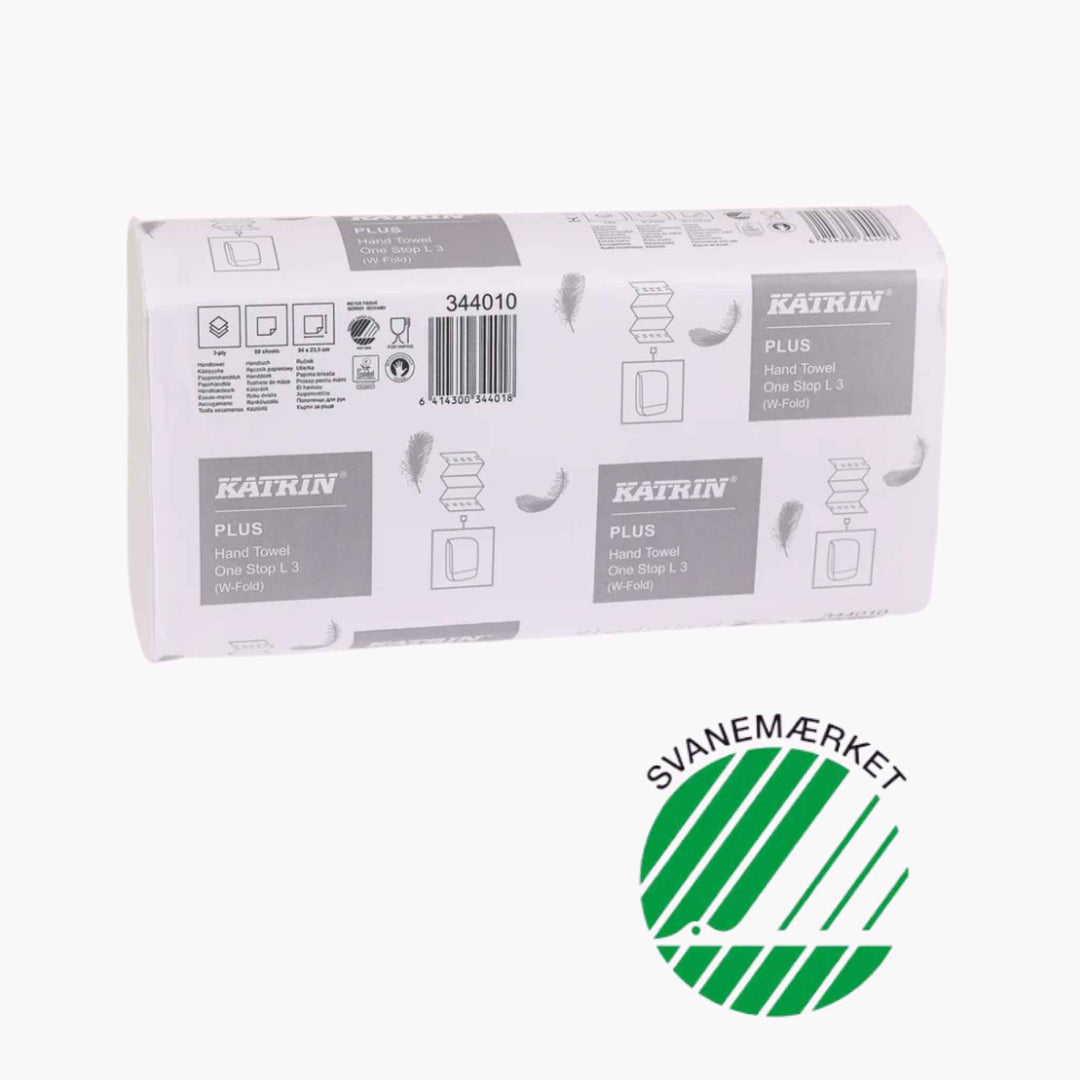 Katrin One Stop håndklædeark – 3-lags papir med høj sugeevne og lang holdbarhed, ideelt til travle miljøer.
