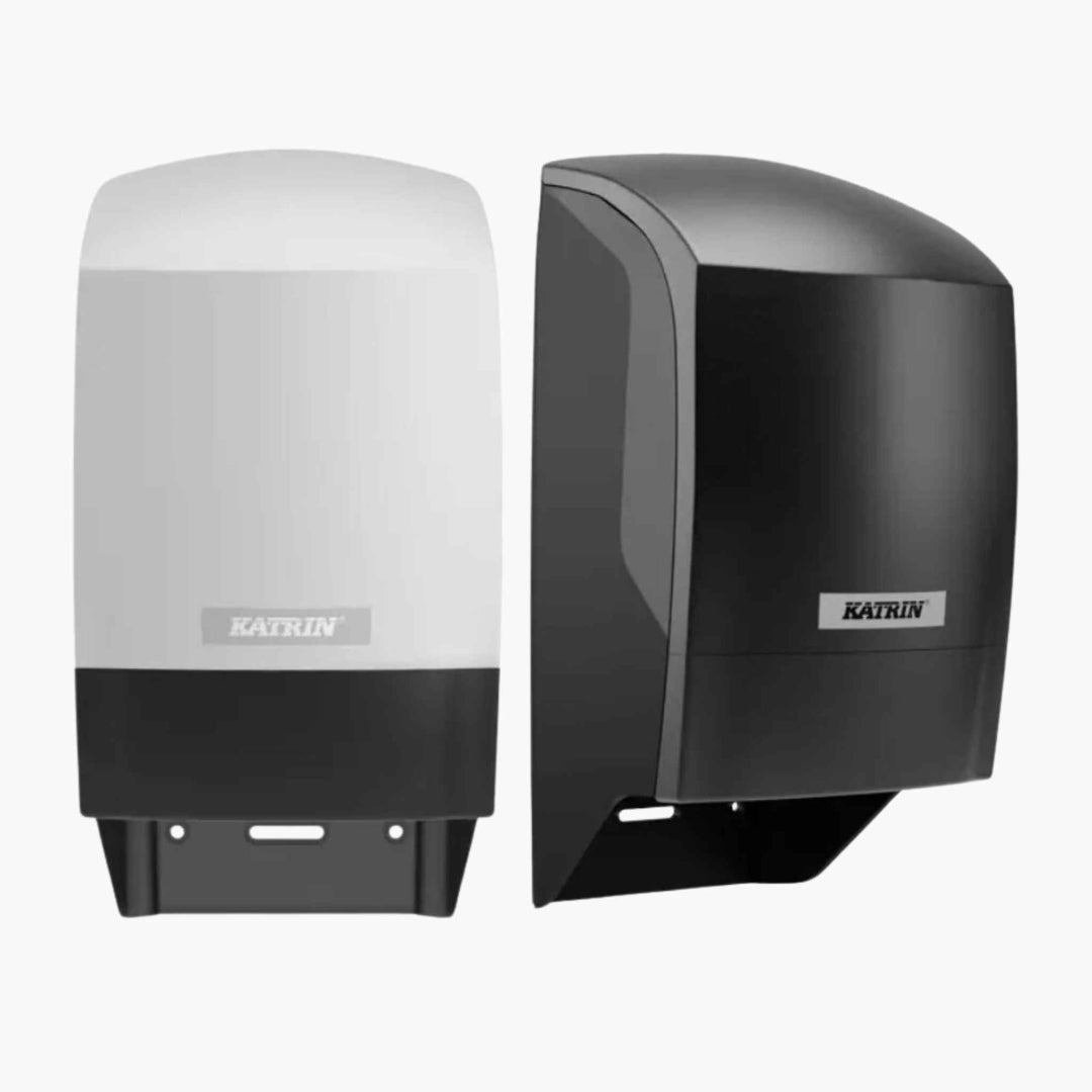 Katrin toiletpapir dispenser med drop-down system for kontinuerlig og hygiejnisk papirdispensering.