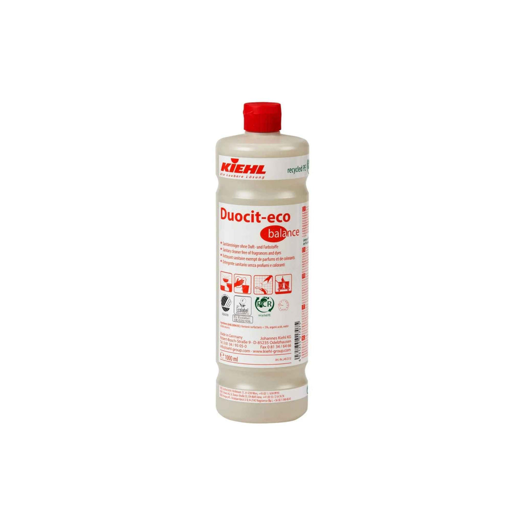 Duftfri Kiehl Duocit-eco Balance 1 l, sanitetsrengøring med mælke- & citronsyre, fjerner kalk og sæberester.