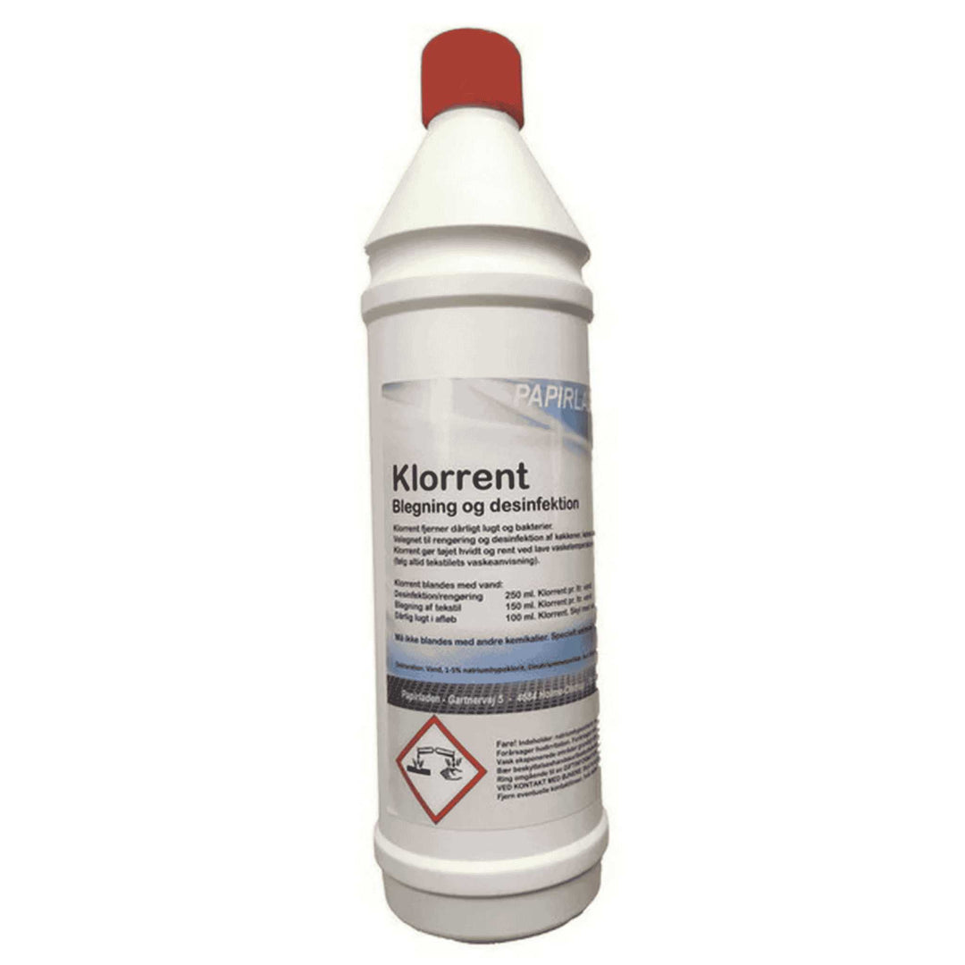 Klorin 1 liter. Desinficerende og rengørende. Effektiv mod bakterier og vira. Kan også bruges til blegning.
