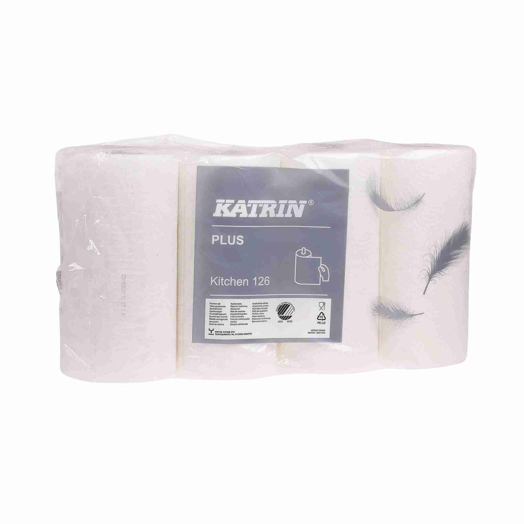 Køkkenrulle Katrin Plus, 2-lags, 18 m. Fnugfri og høj absorberingsevne. Velegnet til rengøring og opsamling af væsker.