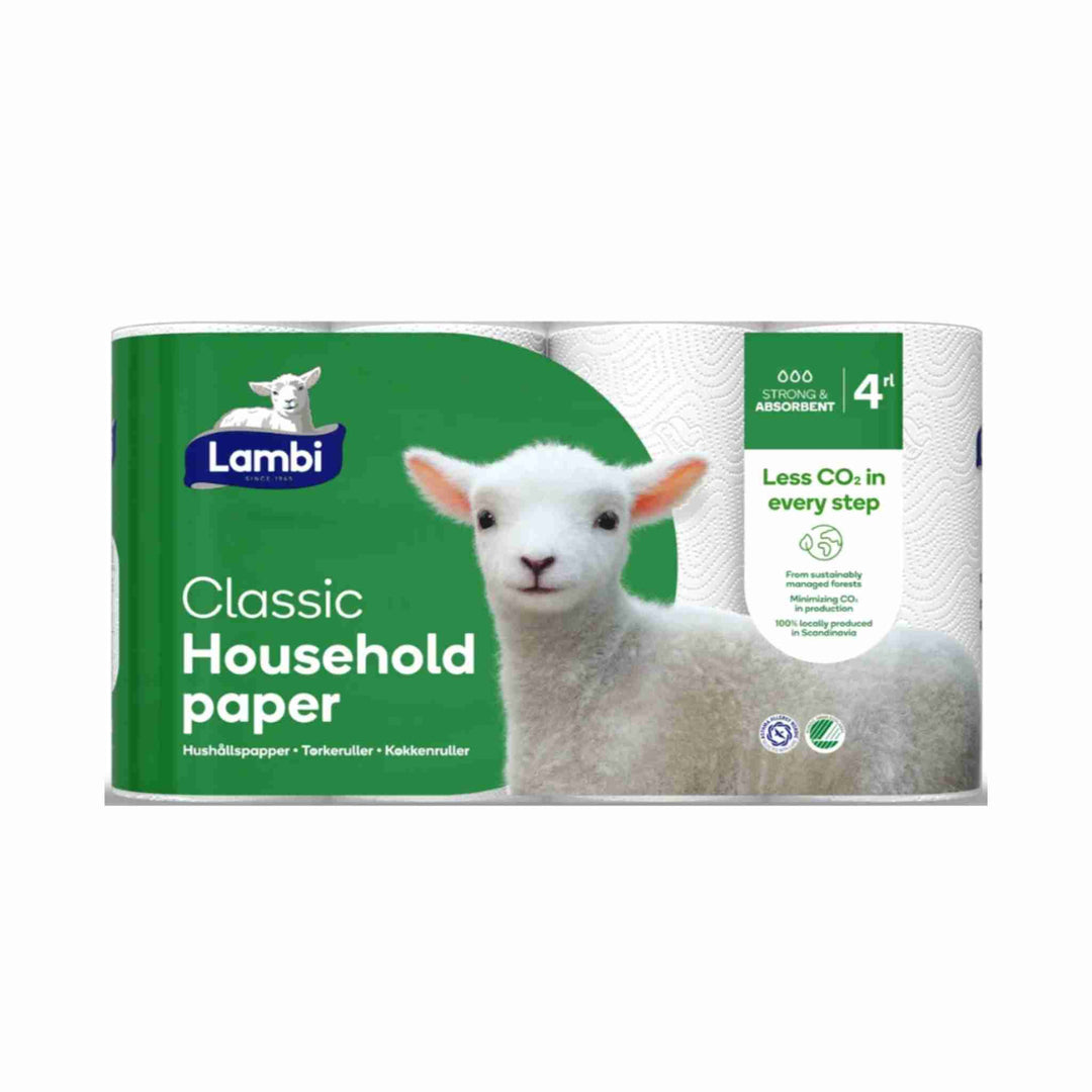 Køkkenrulle Lambi Extra Long, 2-lags, 12 m. Høj absorberingsevne, Svanemærket og GreenPack-certificeret emballage.