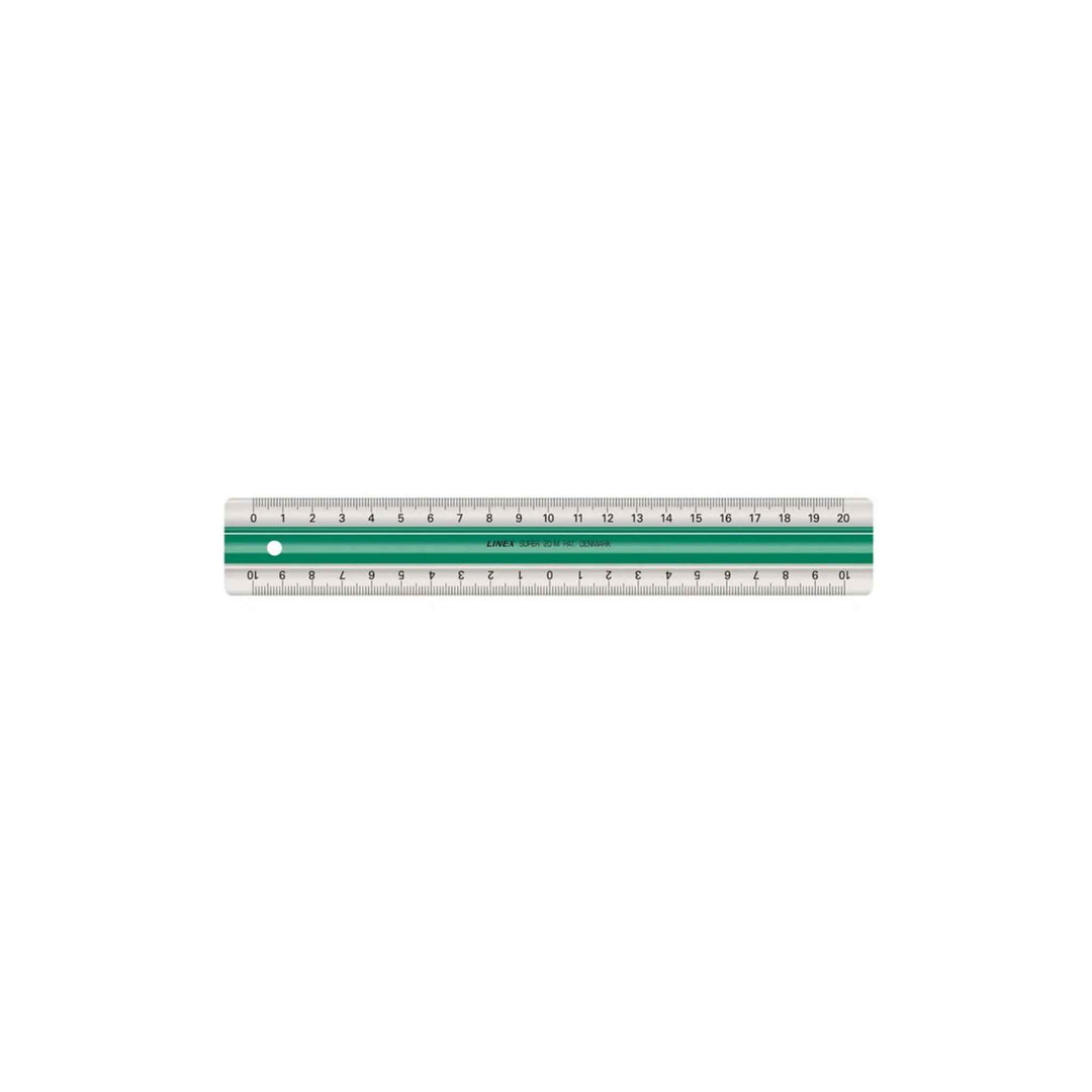 Linex 20 cm antiglid lineal med gennemsigtigt akryl og grønt midterparti. Udstyret med en gummiskinne for stabilitet og præcise målinger. Dobbeltsidet skala (0-20 cm og 10-0-10 cm) til alsidig brug. Perfekt til skole, kontor og kreative projekter.
