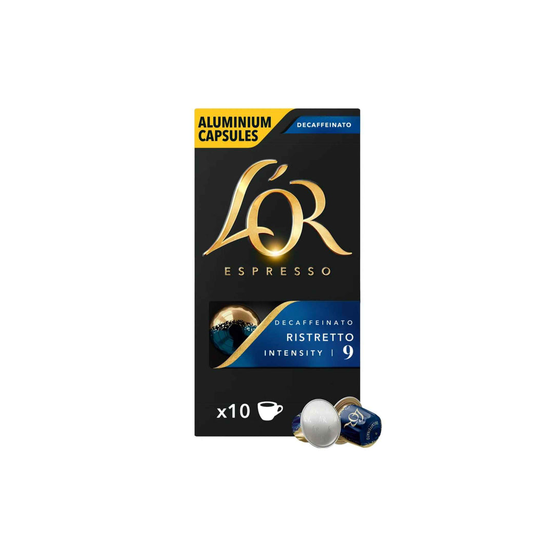Koffeinfri L’Or Ristretto kaffekapsler, 10 stk, intensitet 9 med noter af marcipan og citrus, 100% genanvendelige.