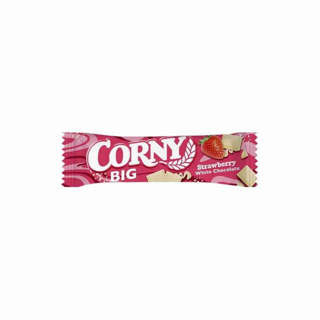 Müslibar Corny Big Hvid Chokolade og Jordbær, 50 g x 24 stk. Lækker snack med sød jordbærsmag og hvid chokolade. Perfekt til skole, arbejde eller som mellemmåltid på farten.