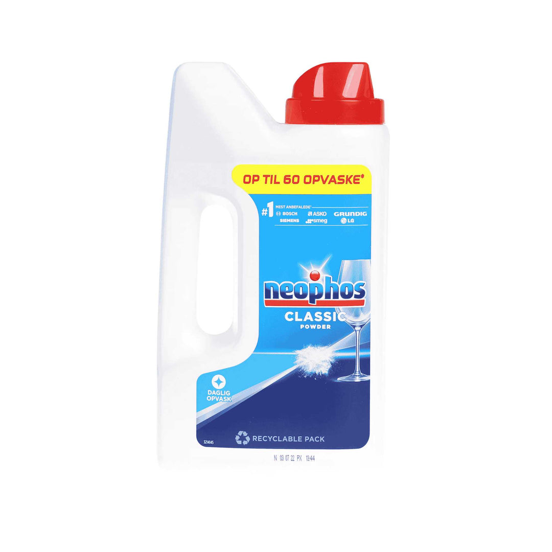 Opvaskepulver Neophos Classic, 1,2 kg. Effektiv mod fastbrændt snavs. Indeholder iblødsætning. Rækker til 60 vaske.