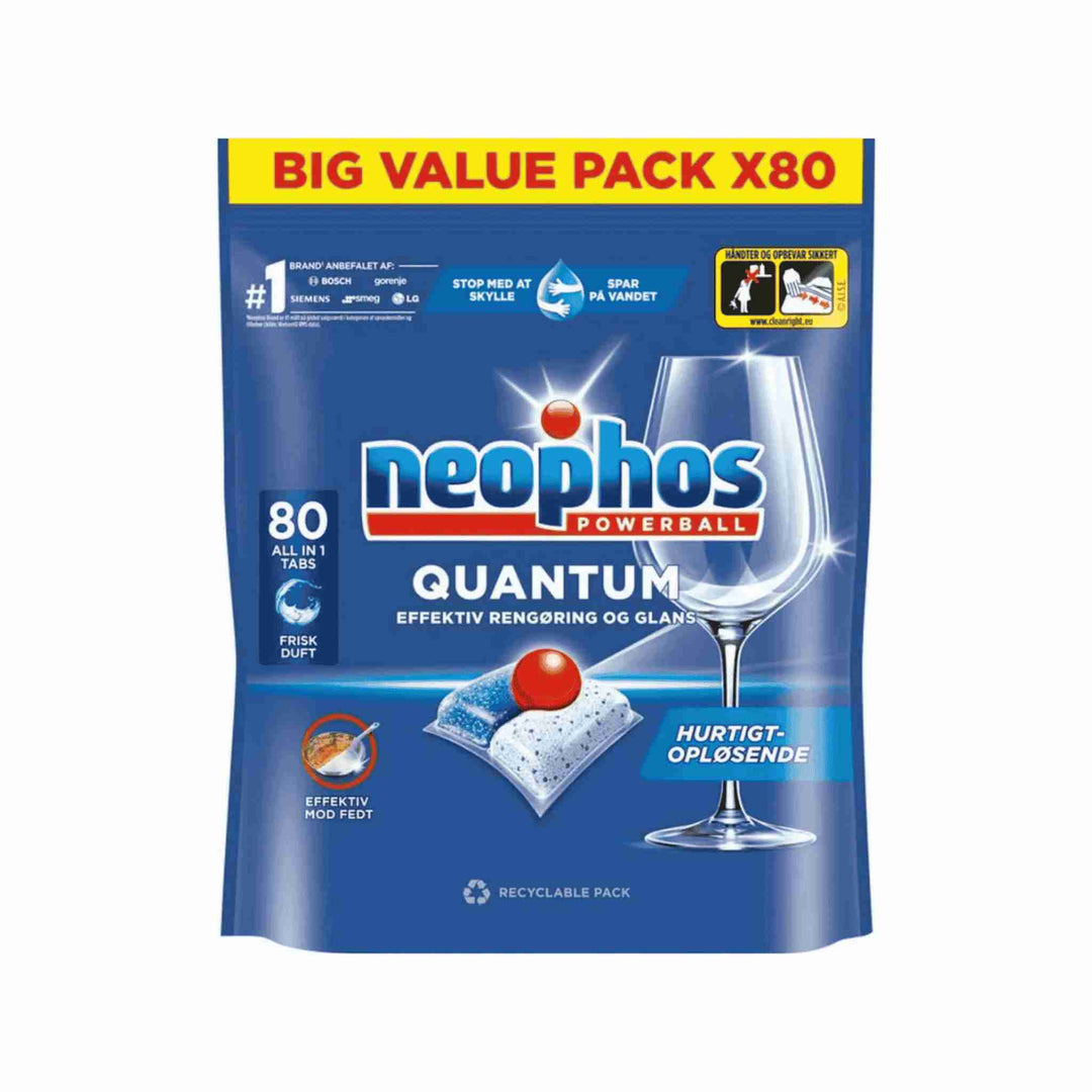 Opvasketabs Neophos Quantum Powerball, 80 stk. Hurtigopløselige, effektiv rengøring og ekstra glans. Ingen udpakning nødvendig.