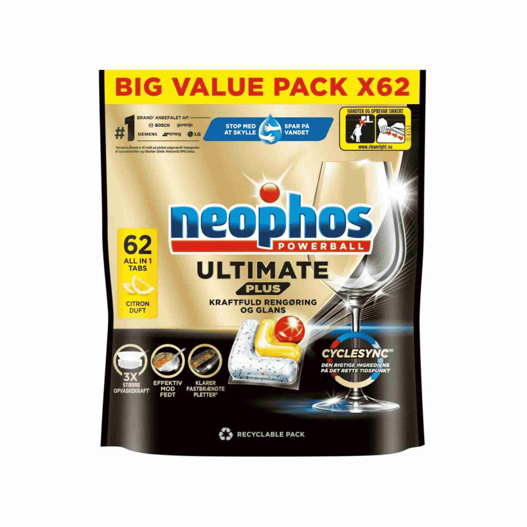 Opvasketabs Neophos Ultimate Plus All In, 62 stk. Fire-trins rengøring, beskytter glas og fjerner selv indtørrede pletter.