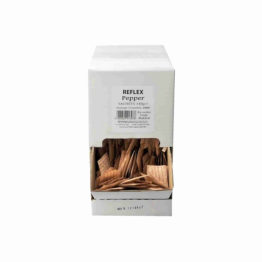 Peber i breve, 2000 stk. Praktiske og hygiejniske portionspakker med peber – ideelle til kantiner, køkkener, frokostborde og buffeter. Nemme at bruge og dosere.