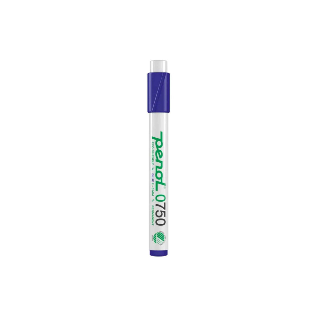 Sæt med 10 blå Penol 750 permanent markers. Velegnet til skrivning på papir, plast, metal, glas og træ. Vandfast blæk og hurtigttørrende. Stregbredde 2-5 mm for fleksibel markering.