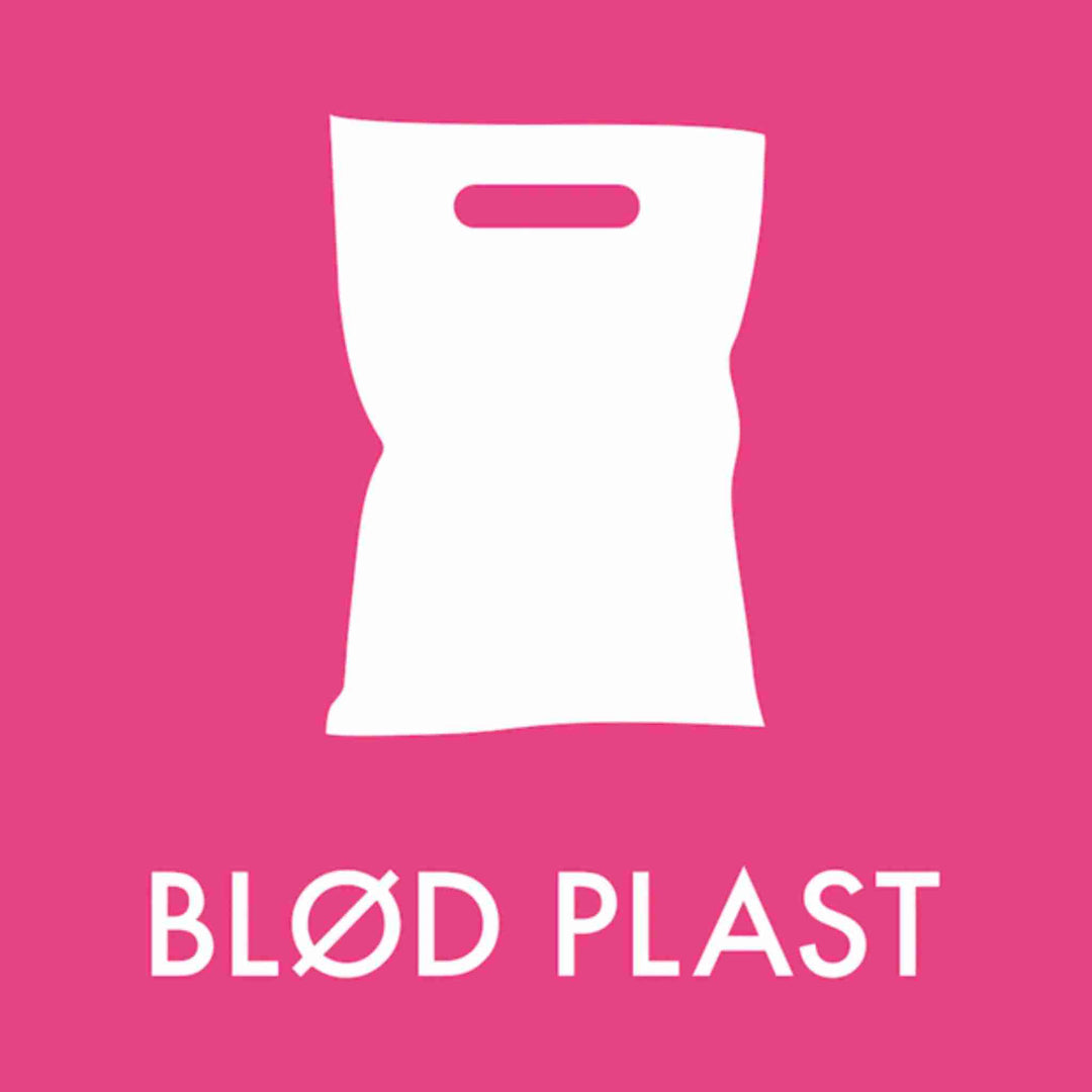 Piktogram til blød plast, 12x12 cm, selvklæbende, lyserød baggrund med tydelig tekst, velegnet til affaldssortering og nem rengøring.
