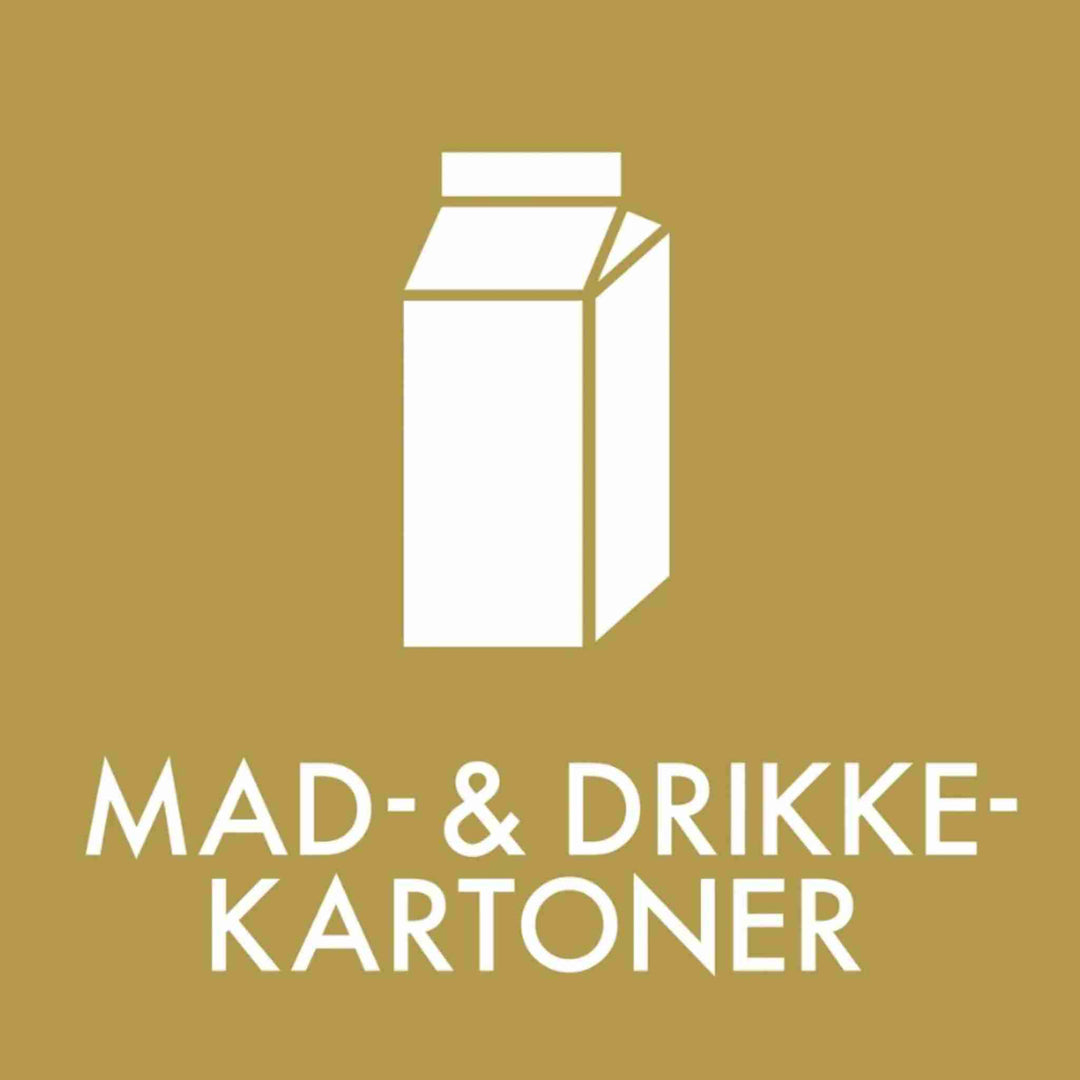 Piktogram til mad- & drikkekartoner, 12x12 cm, selvklæbende, brun/guld baggrund med tydelig tekst, velegnet til affaldssortering og nem rengøring.