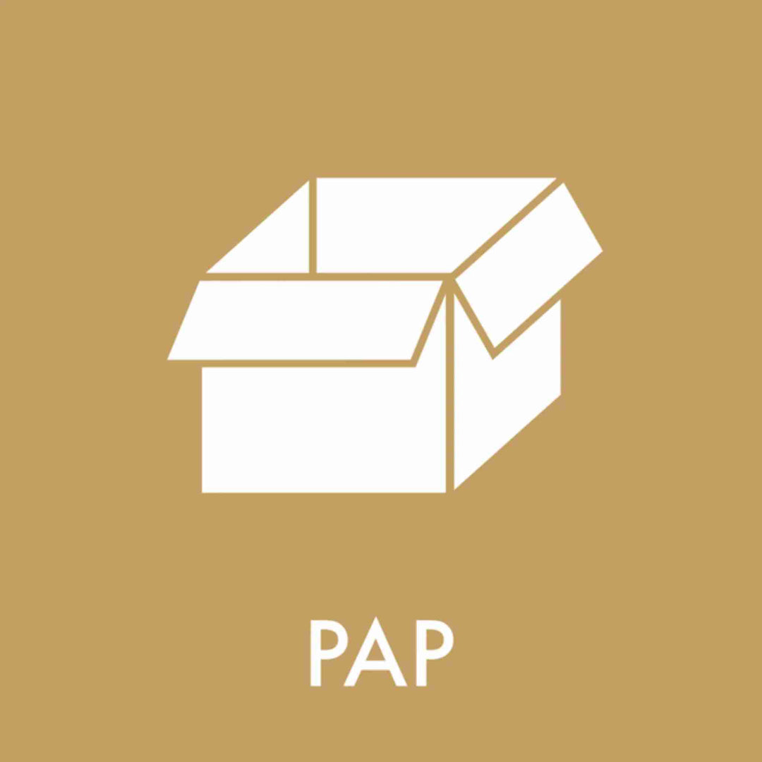 Piktogram til papaffald, 12x12 cm, selvklæbende, brun baggrund med tydelig tekst, velegnet til affaldssortering og nem rengøring.
