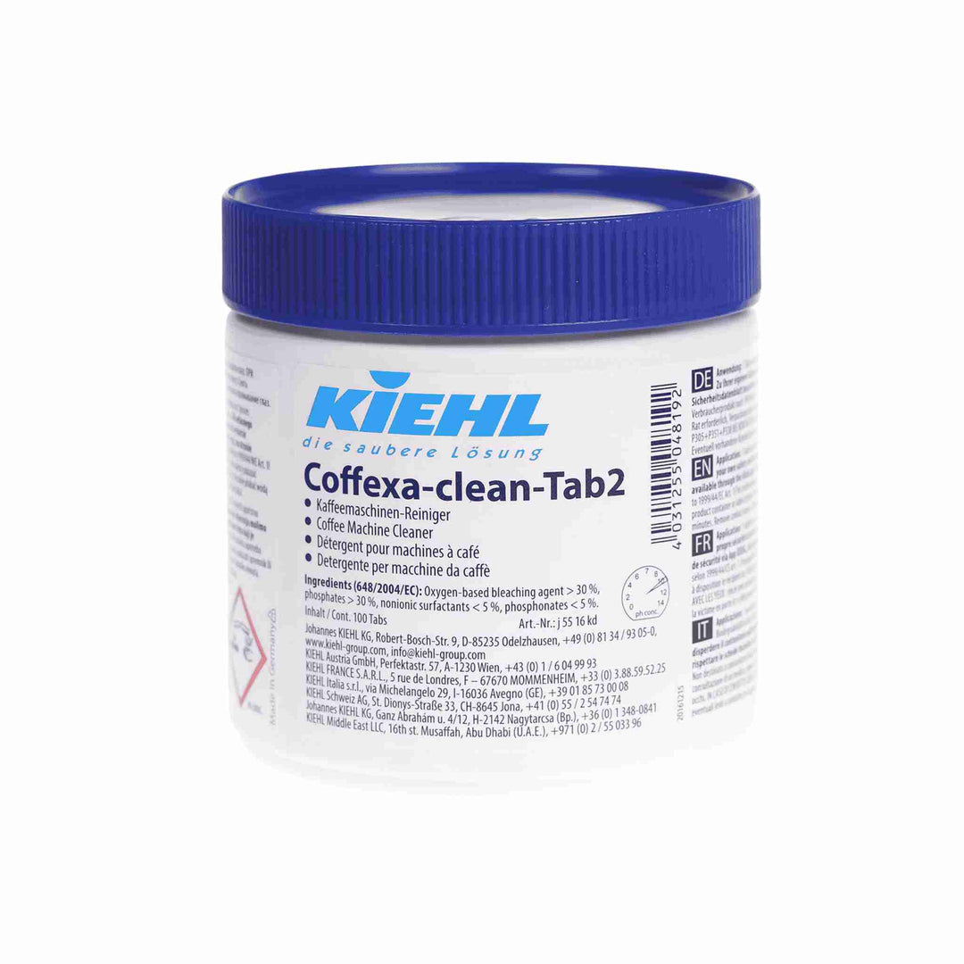 Rengøringstabs Kiehl Coffexa-Clean-Tab2, 2x100 stk. Fjerner kaffeolie og garvesyre. Uden parfume og farve. Velegnet til kaffemaskiner og termokander.