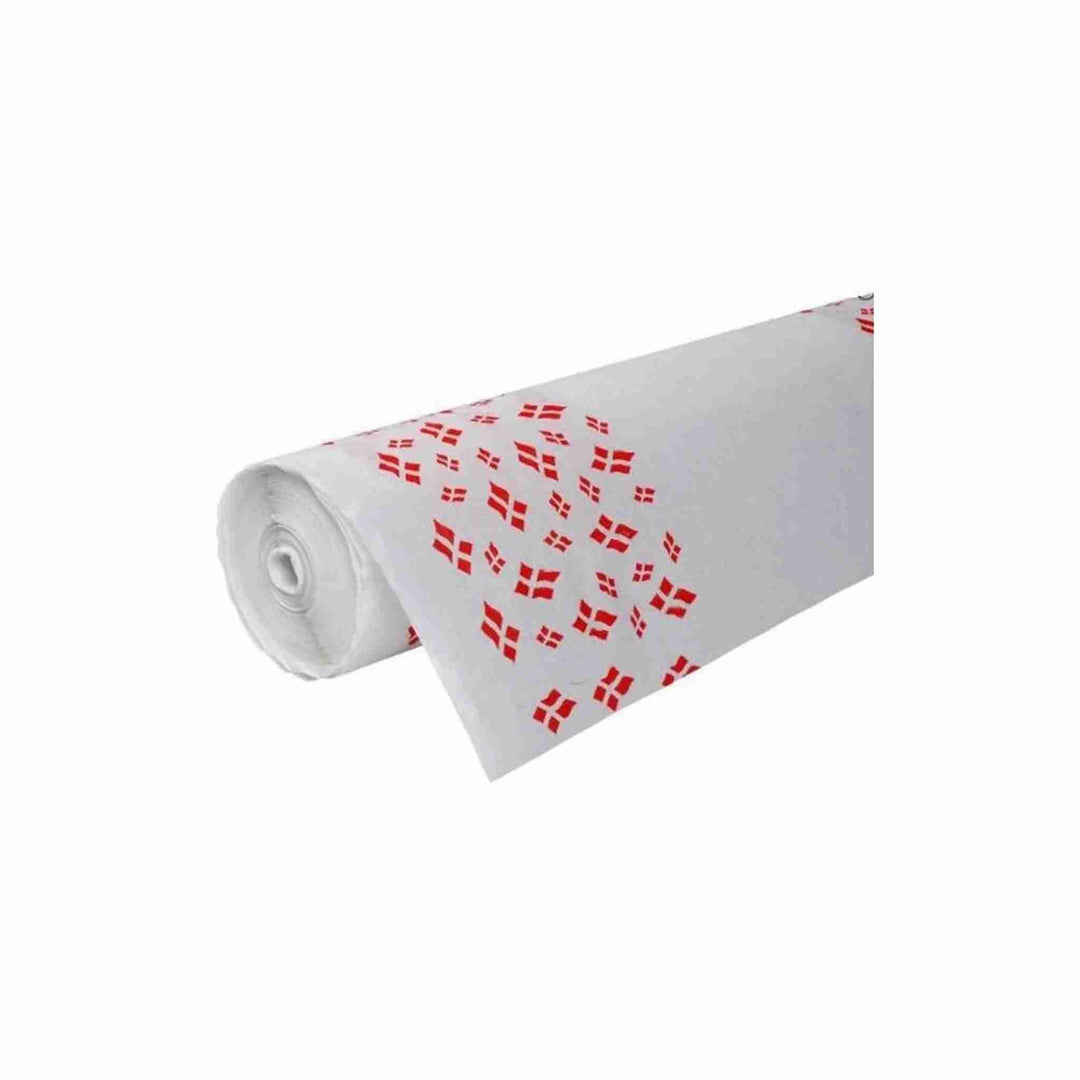 Rulledug i papir til fødselsdag, 1,20 m x 50 m – damask mønster med festlige flag, perfekt til borddækning.