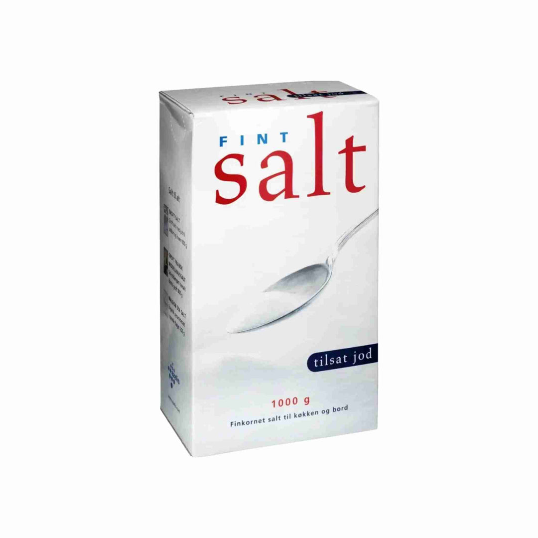 Salt fint, 1 kg. Jodberiget bordsalt til madlavning, bagning og færdigretter. Praktisk pakke til daglig brug i husholdningen. Perfekt til både køkken og bord.