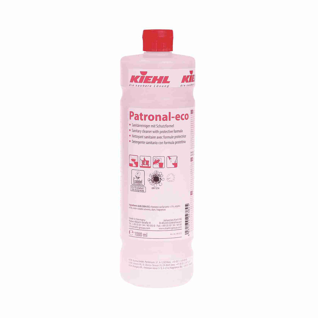 Kiehl Patronal-eco sanitetsrengøring 1 liter. Effektiv mod snavs og kalk. Miljømærket og plantebaseret. Frisk duft. Velegnet til sanitære overflader.