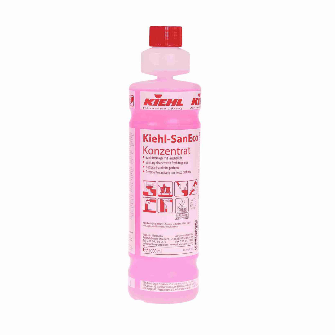 Kiehl-San Eco Konzentrat sanitetsrengøring 1 liter. Effektiv mod kalk og snavs. Vandafvisende effekt. Baseret på mælkesyre. Miljømærket og bæredygtig.