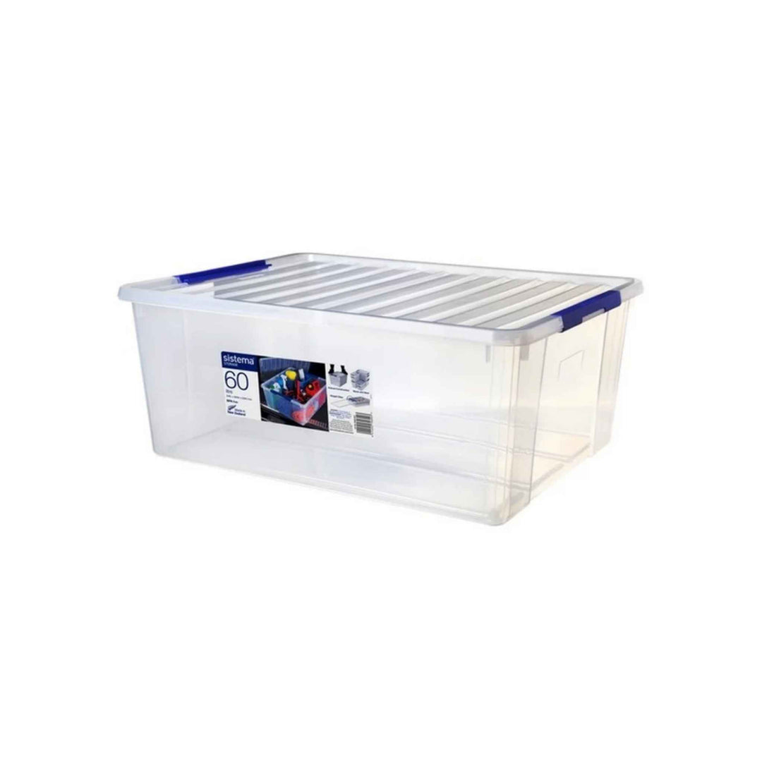 Transparent Sistema opbevaringsboks med låg 60 liter og blå clips, stabelbar og BPA-fri.