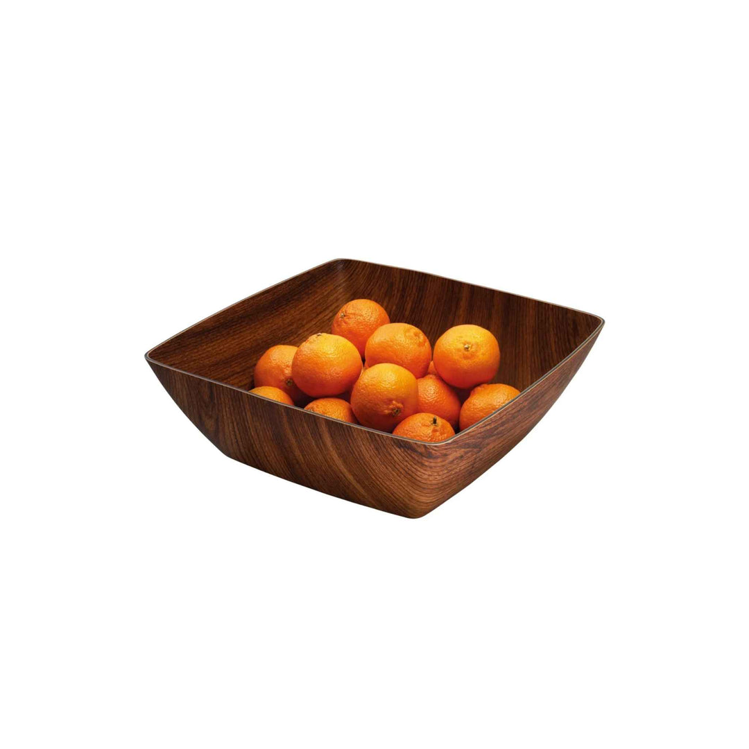 Retro firkantet skål 34×34×11 cm i brun polystyren til servering af snacks og frugt.