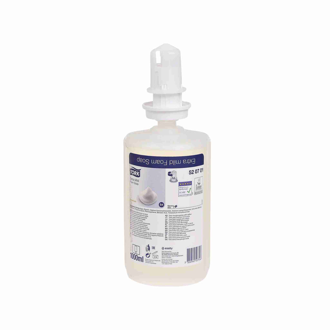 Skumsæbe Tork S4 Extra Mild, 1 ltr. x 6 stk. Farve- og parfumefri, fugtgivende og miljøvenlig sæbe velegnet til hyppig brug.
