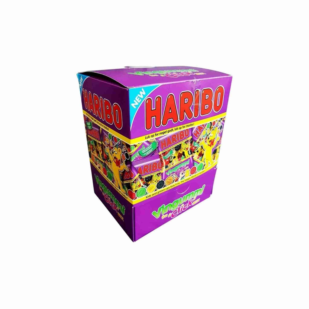 Slikposer Haribo Click Mix, 100 stk. Små poser med blanding af vingummi, lakrids, skum og konfekt. Perfekte til deling, snacks eller som sød afslutning på dagen. Let at åbne og nyde.