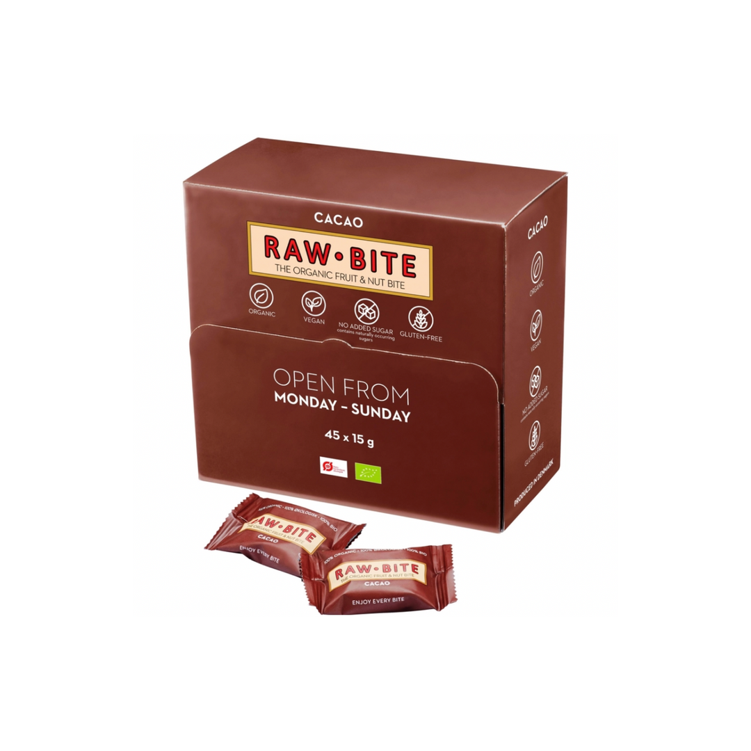 Snackbox Rawbite Cacao Vegan Oeko, 15 g x 45 stk., sunde müslibarer uden tilsat sukker, laktose og gluten.