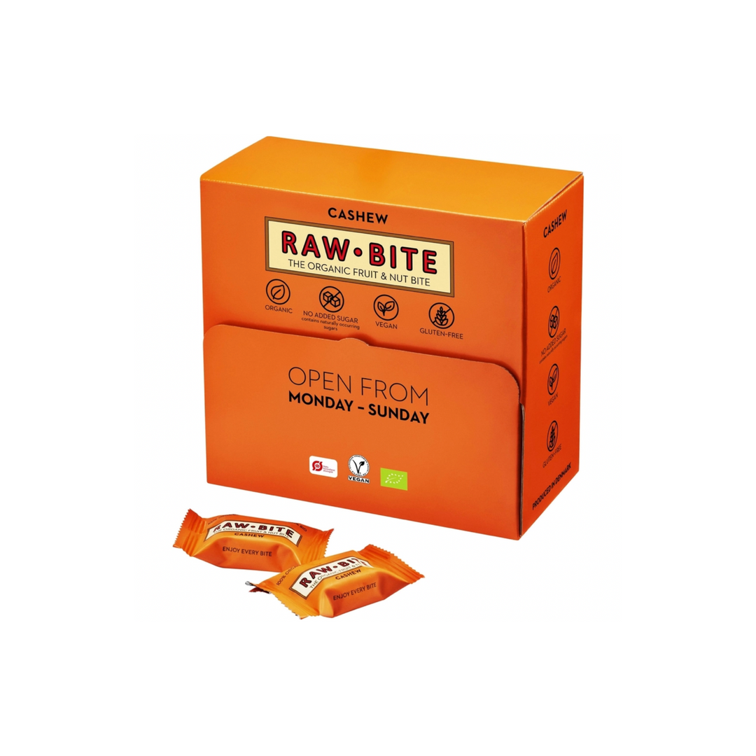 Snackbox Rawbite Cashew Vegan Oeko, 15 g x 45 stk., sunde müslibarer uden tilsat sukker, laktose og gluten.