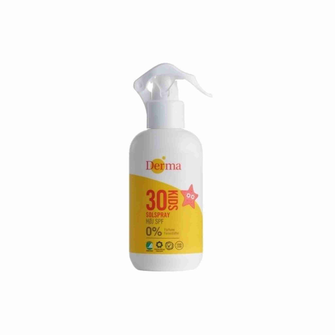 Solcreme DERMA Kids spray SPF30, 200 ml. Parfumefri, vandfast og vegansk solbeskyttelse til følsom hud, Svanemærket og allergivenlig.